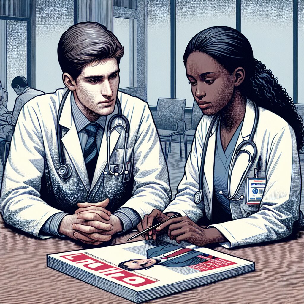 A photography of two professional doctors in white coats inside a hospital, engaged in a serious discussion, with a Paris Match magazine visible on a table in the background.