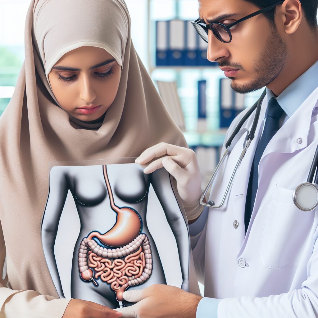 "A photography of a medical professional examining a patient's abdomen while holding an image of a gastric balloon device, with concerned expressions on their faces, set in a sterile clinic environment."