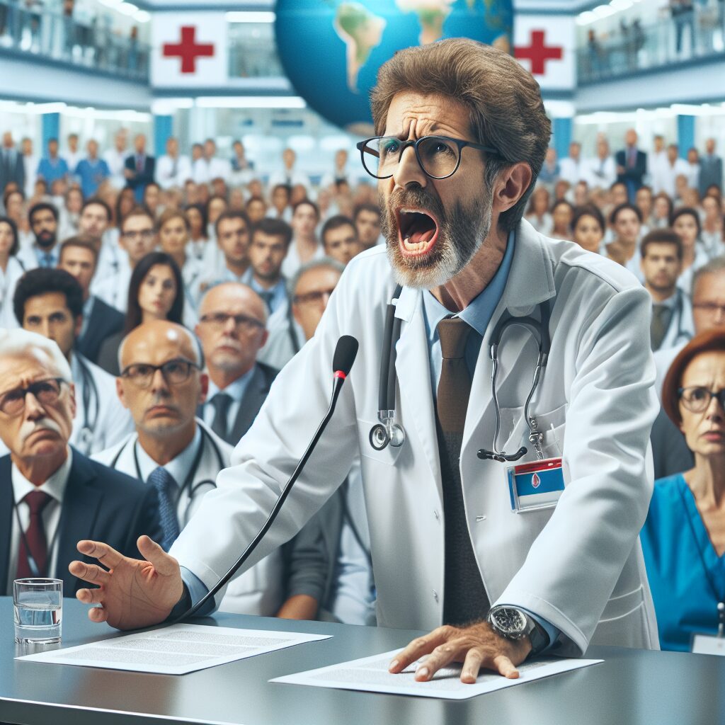 A photography of a renowned scientist speaking passionately at a press conference in a hospital, with an audience of world leaders and medical professionals.