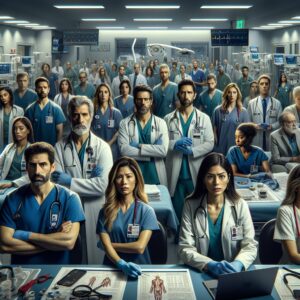A photography of a hospital emergency room with concerned staff members, depicting a tense atmosphere amidst an ongoing investigation.