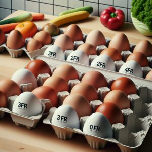 A photography of various types of labeled eggs (3FR, 2FR, 1FR, 0FR) placed on a kitchen counter, with some in egg cartons and others displayed alongside fresh vegetables, illustrating their diversity and nutritional value.