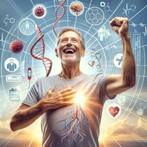 A photography of a 60-year-old man joyfully celebrating his recovery from HIV after a bone marrow transplant, with a symbolic background representing hope and medical breakthroughs.