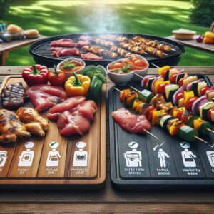 "a photography of a summer barbecue scene showcasing safe food handling practices with separate cutting boards for raw and cooked meat, and a variety of marinated meats and colorful vegetable skewers on the grill"
