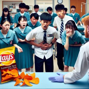 A photography of a group of Japanese high school students in a hospital room, looking uncomfortable and holding their stomachs, with a paramedic attending to them while an open bag of extremely spicy chips lays on a table nearby.
