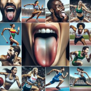 A photography of Olympic athletes training intensely with a focus on the importance of the tongue, showing detailed close-ups of the mouth and facial expressions during various sports activities.