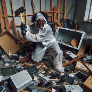 A photography of a person inside a rage room, smashing objects with a sledgehammer, with broken items scattered around and a look of intense release on their face.