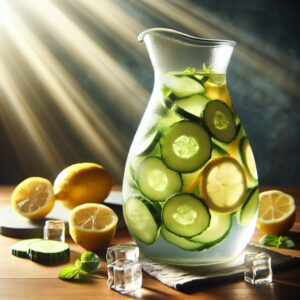 "A photography of a refreshing cucumber-infused water with lemon slices and ice cubes in a glass carafe, placed on a sunlit wooden table."