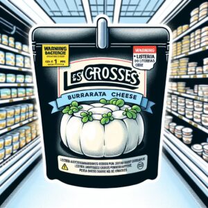 "A photography of a contaminated burrata cheese package labeled 'Les Croisés' with a warning sign about Listeria bacteria, placed on a supermarket shelf inside an E.Leclerc store."
