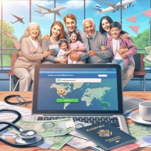 A photography of a peaceful scene showing a happy family using a laptop to access the Ameli account for a seamless international medical care reimbursement, with passports and medical documents on the table, symbolizing healthcare support while traveling abroad.