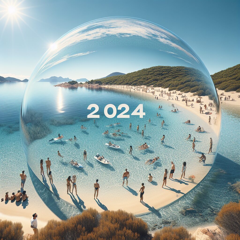 A photography of people enjoying a sunny day at Porticcio beach in Corsica, with clear blue skies and calm waters, reflecting the excellent water quality reported by health authorities in 2024.