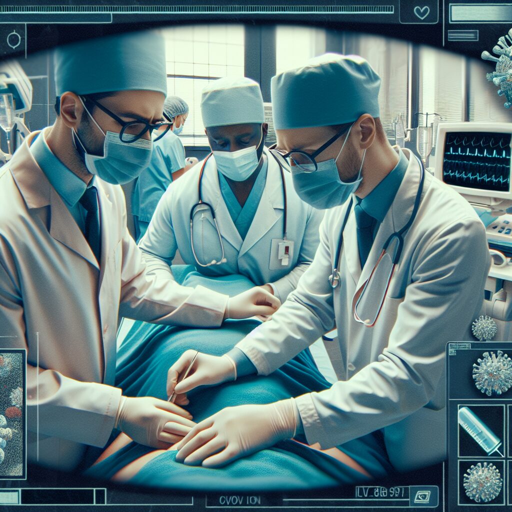 A photography of healthcare professionals in a hospital setting carefully examining a patient for entérovirus infections, with an emphasis on hygiene practices and the use of medical equipment for testing.