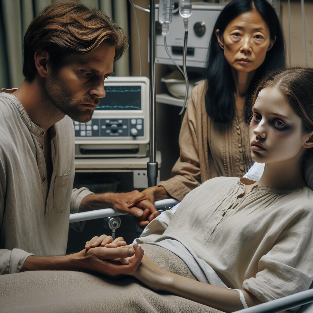 A photography of a distressed young woman in a hospital bed with concerned family members by her side, highlighting the negligence and lack of medical care she received.