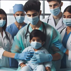 "A photography of healthcare professionals in a hospital setting wearing masks and gloves, treating a young child with vigilance and care, symbolizing the response to enterovirus infections."