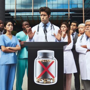 A photography of a government official announcing a ban on a controversial energy powder in front of a hospital with concerned medical staff in the background.