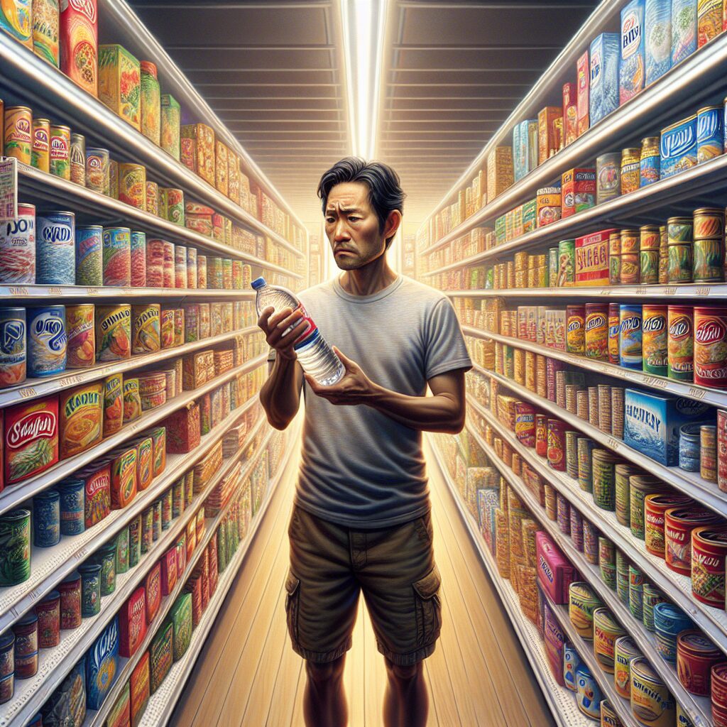 A photography of a perplexed consumer holding a bottle of mineral water in a store aisle, surrounded by suspicious-looking products.