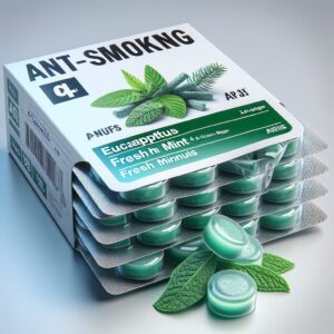 A photography of a pile of Nicopass anti-smoking lozenges in their original packaging with clear labels, highlighting the eucalyptus and fresh mint flavors.