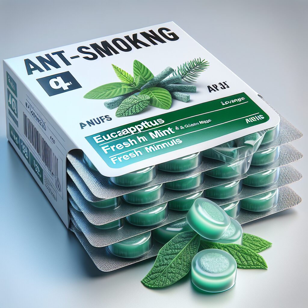 A photography of a pile of Nicopass anti-smoking lozenges in their original packaging with clear labels, highlighting the eucalyptus and fresh mint flavors.