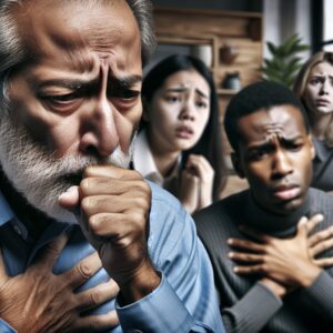 A photography of a worried elderly man coughing vigorously while clutching his chest, surrounded by a family in a household setting, illustrating the severity of whooping cough.