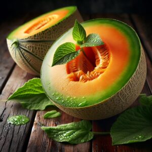 A photography of a ripe melon sliced in half on a wooden table, with one half showing a bright orange flesh and the other half surrounded by fresh green leaves and a sprinkle of water droplets, highlighting its freshness and juiciness.