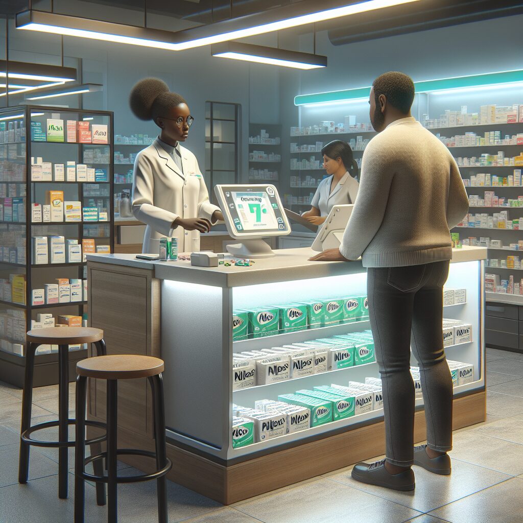 "A photography of Nicopass mint lozenges boxes being returned to a pharmacy counter with a concerned pharmacist assisting a customer, highlighting the importance of safety in medication packaging."