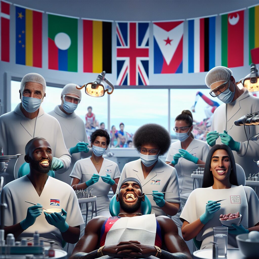 a photography of athletes from various countries receiving dental care at the Paris 2024 Olympic Village dental clinic, with a focus on the diverse facial expressions reflecting relief and gratitude.