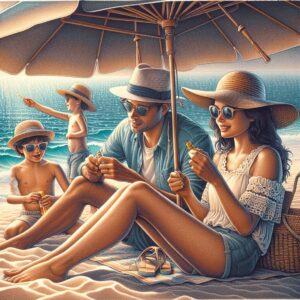 A photography of a family on the beach under a large umbrella, wearing wide-brimmed hats and sunglasses, applying sunscreen, with children playing in the shade, and the sea in the background.