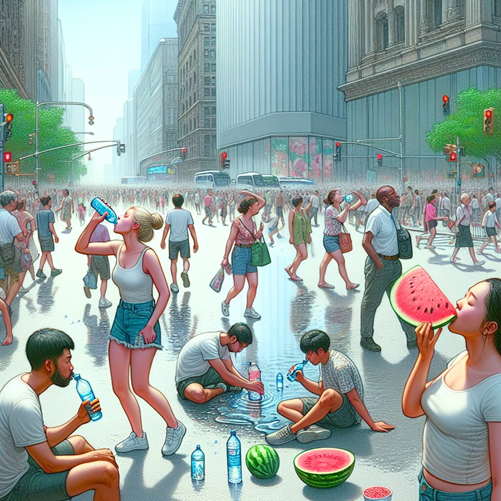 A photography of people of different ages staying hydrated by drinking water and eating fruits like watermelon and cucumber during a heatwave in a busy urban setting.