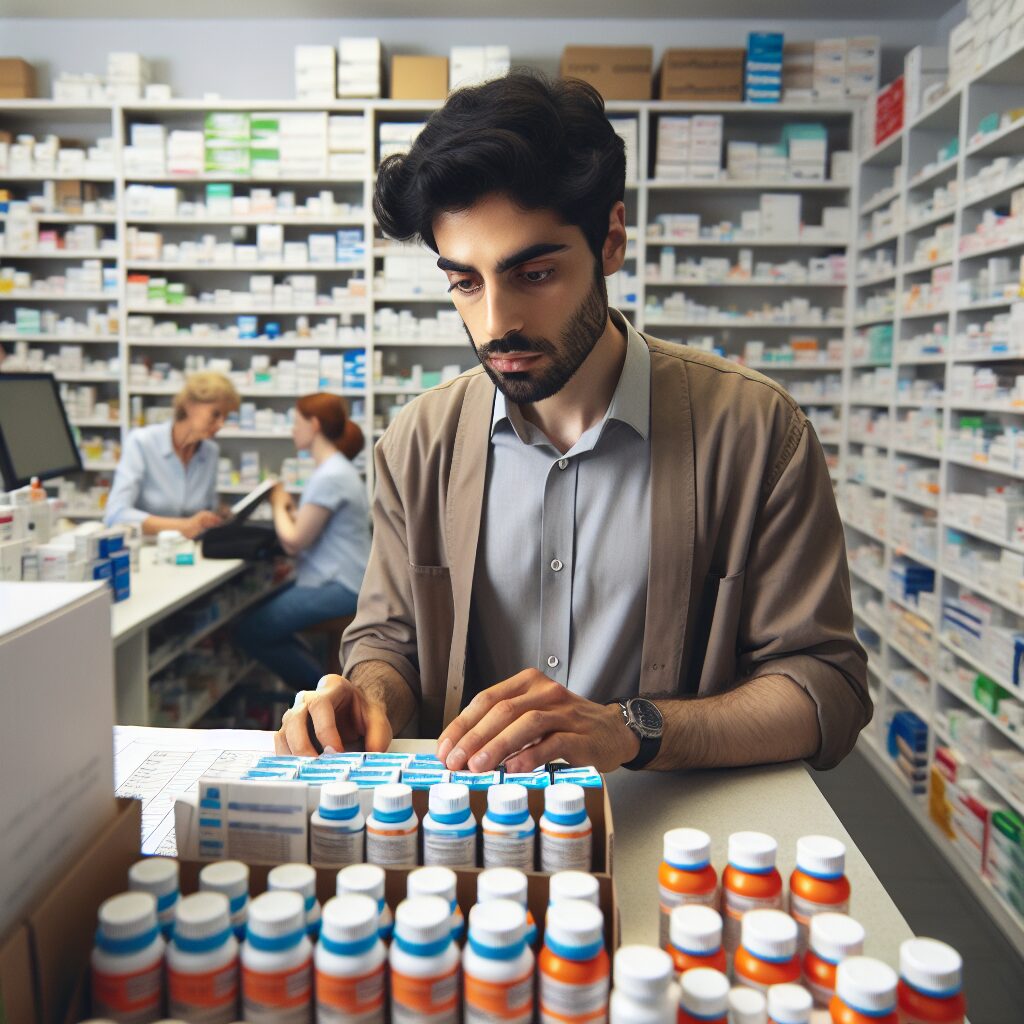 A photography of a concerned pharmacist in a busy pharmacy, checking and organizing the shelves of pediatric amoxicillin medicines.