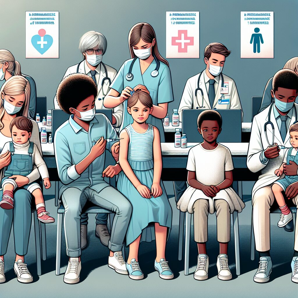 A photography of healthcare professionals administering vaccines to young children in a clinic to prevent the spread of infectious diseases in France.