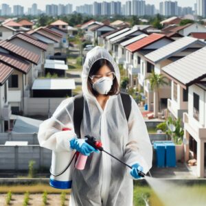 A photography of a health worker in protective clothing spraying insecticide in a sunny residential area near Montpellier to control the spread of mosquitoes.