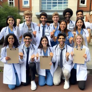 A photography of young doctors celebrating with placards outside a UK hospital, symbolizing their successful salary negotiations.