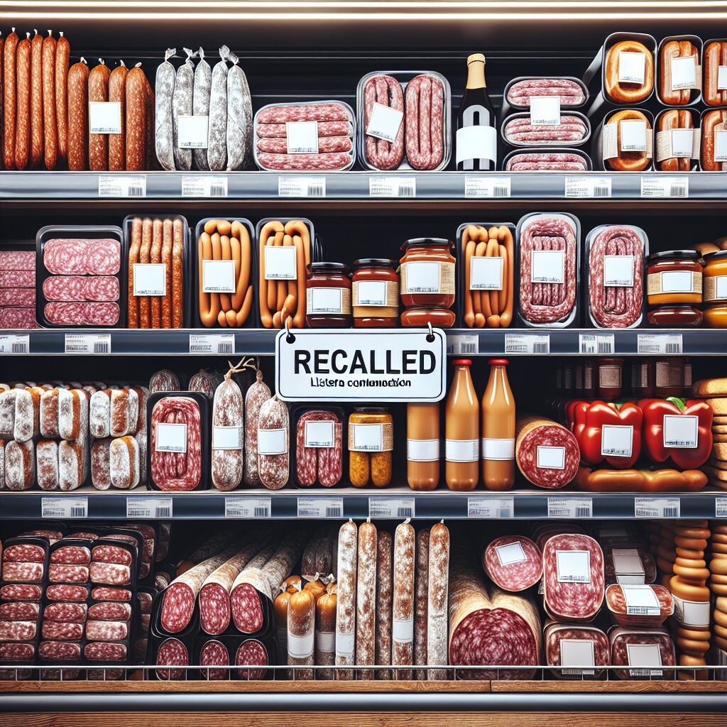 "a photography of a supermarket shelf with assorted charcuterie products prominently displayed, with one product labeled as 'recalled' due to listeria contamination"