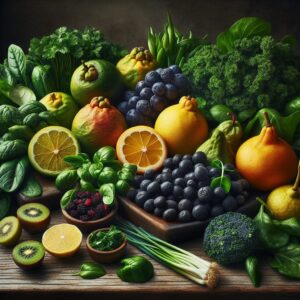 A photography of a vibrant assortment of fruits and vegetables rich in vitamin C, including yuzu, goyave, cassis, kiwi, parsley, kale, and watercress, displayed on a rustic wooden table.