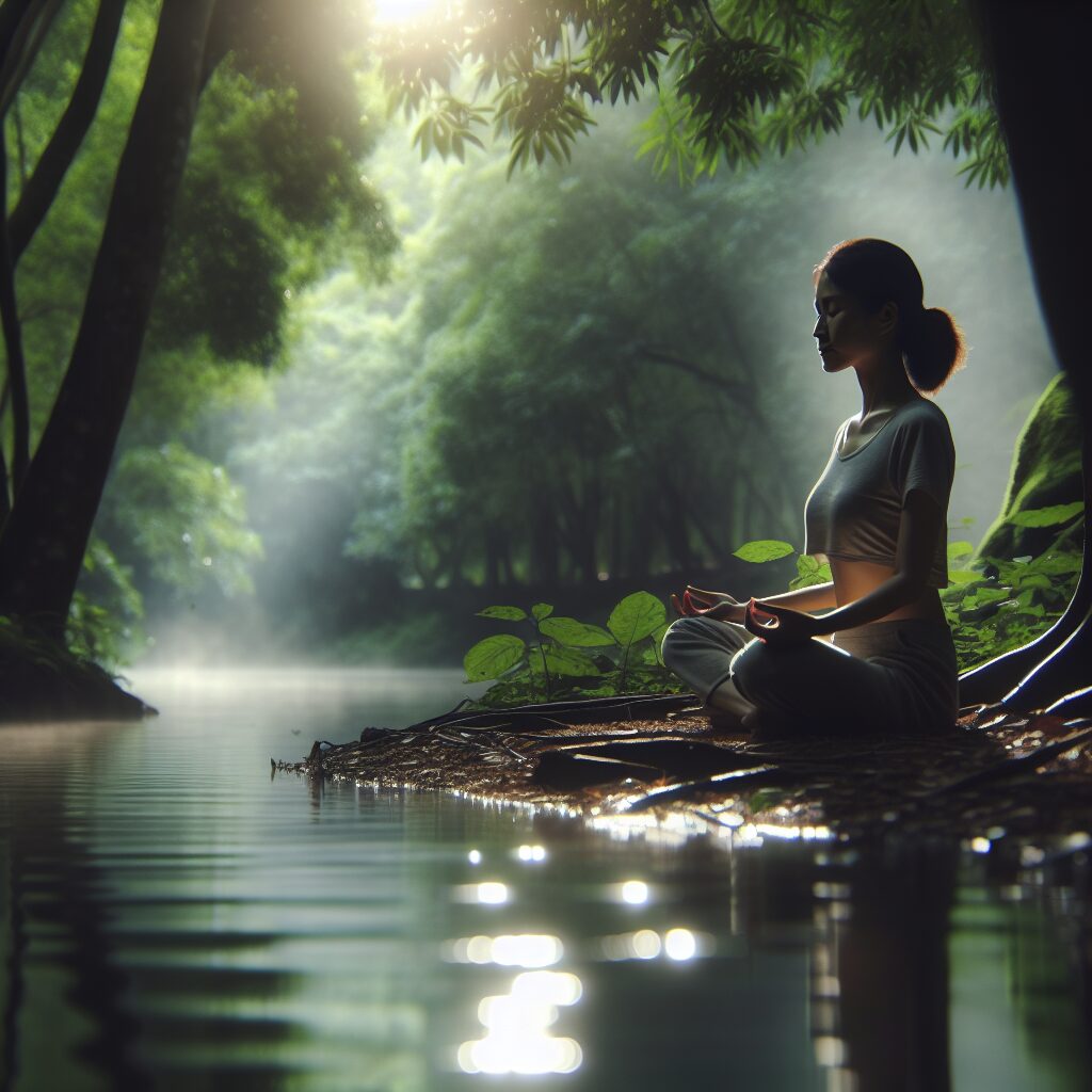 A photography of a serene individual practicing abdominal breathing in a peaceful natural setting, possibly by a calm lake or in a quiet forest, surrounded by gentle sunlight.