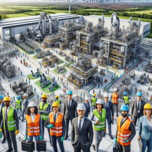 "A photography of a modern pharmaceutical factory under construction with advanced robotic machinery and workers in safety gear, set in a spacious 36,000 square meter facility near Frankfurt, Germany."