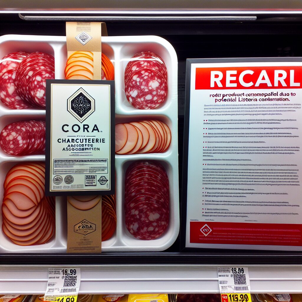 A photography of a packaged 16-slice charcuterie assortment with a Cora brand label, displayed in a grocery store, accompanied by a notice about a product recall due to potential listeria contamination.