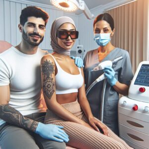 A photography of a cozy, modern aesthetic clinic specializing in tattoo removal near Lille, featuring advanced picosecond laser technology and a welcoming environment, with a patient undergoing a safe and effective treatment.