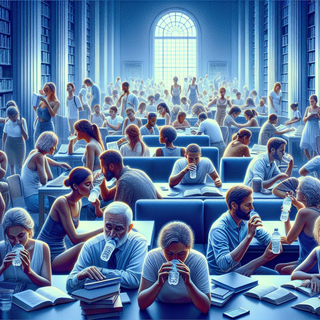 a photography of people taking shelter from the heat in a cool library while drinking water together.