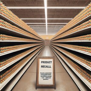 A photography of a grocery store aisle with empty shelves where peaches are usually displayed, accompanied by a sign indicating a product recall due to pesticide contamination.