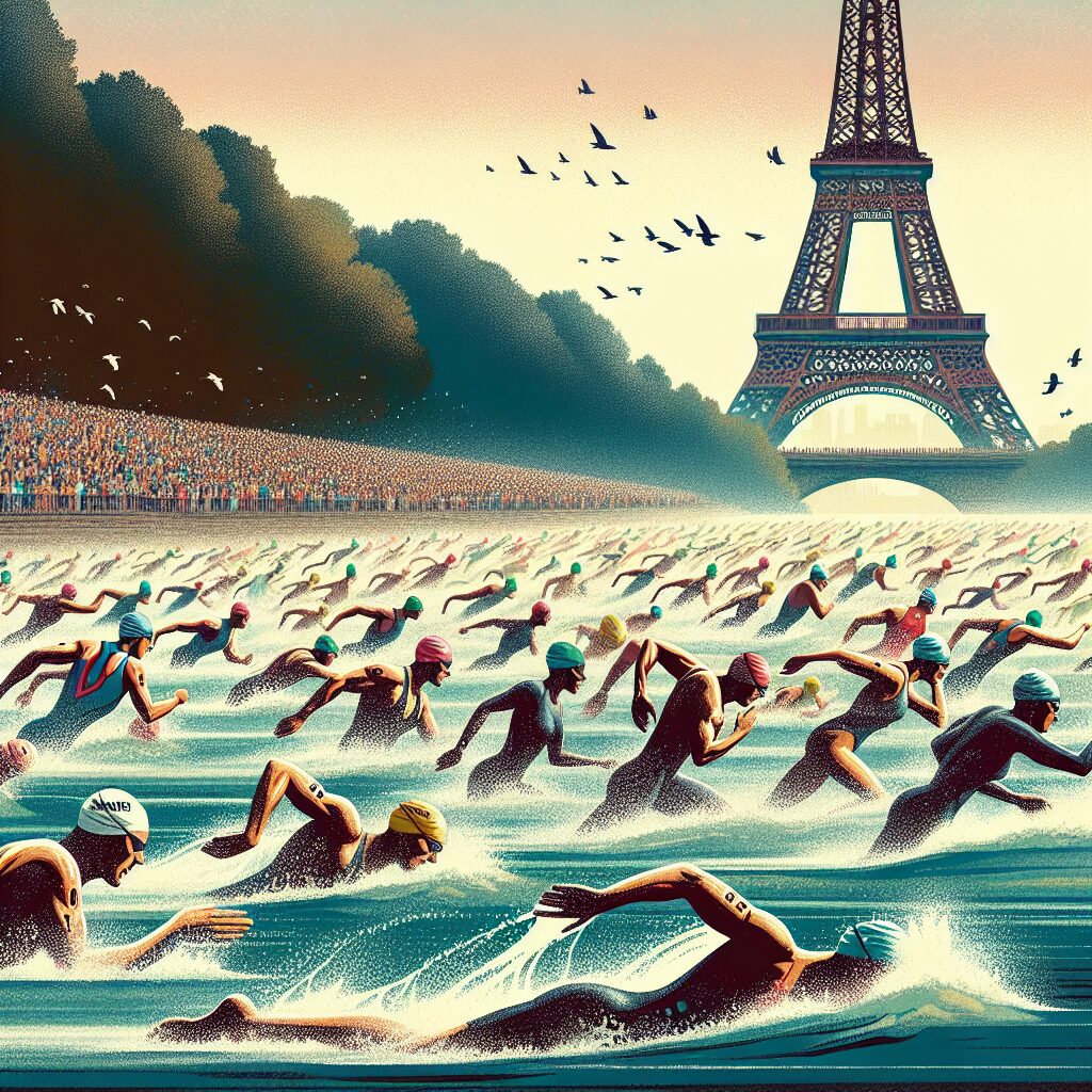 a photography of Olympic triathletes swimming in the Seine river with the Eiffel Tower in the background, highlighting water quality concerns