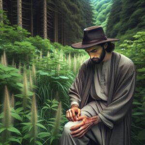 A photography of a person wearing long clothing and a hat, examining their legs for ticks in a forest with tall grass and bushes in the background.