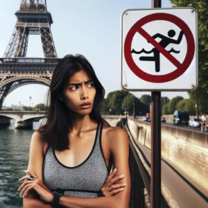 A photography of a triathlete looking concerned while standing next to the Seine river in Paris, with the Eiffel Tower in the background and a "No Swimming" sign.