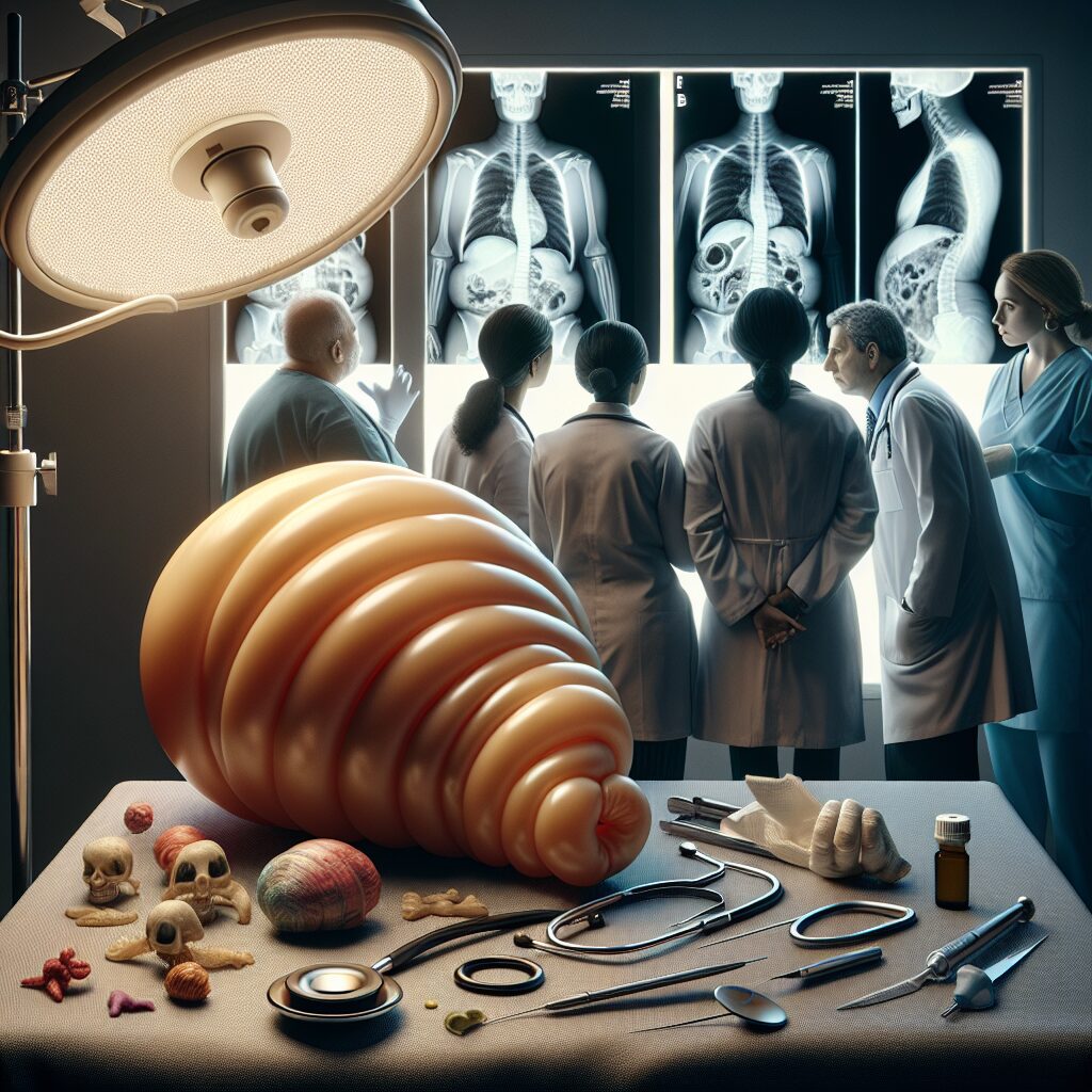 A photograph of a deflated gastric balloon alongside medical instruments, with a background of concerned medical professionals discussing a patient's x-ray.