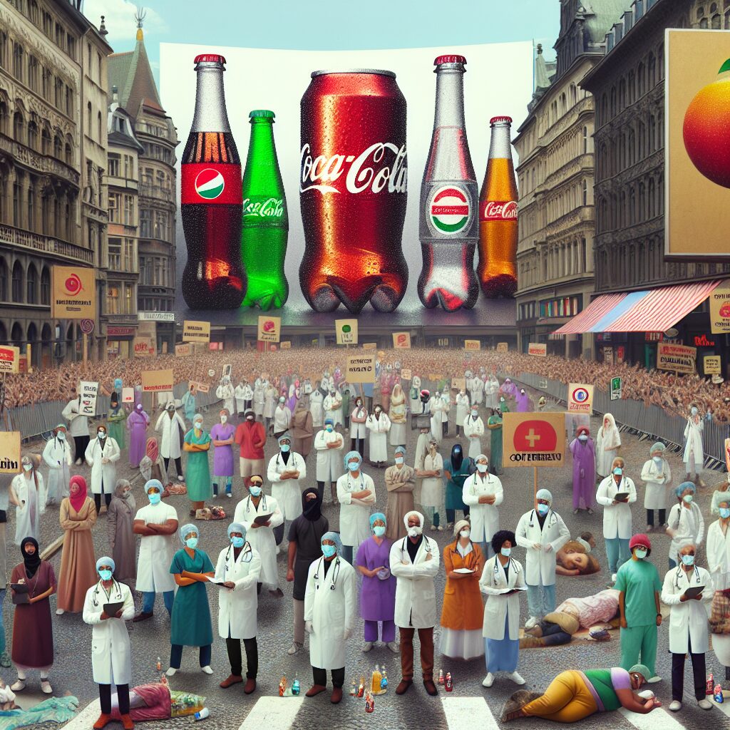 A photography of Coca-Cola advertising dominating the streets of Paris during the Olympics, with a background of concerned medical professionals and environmental activists protesting.