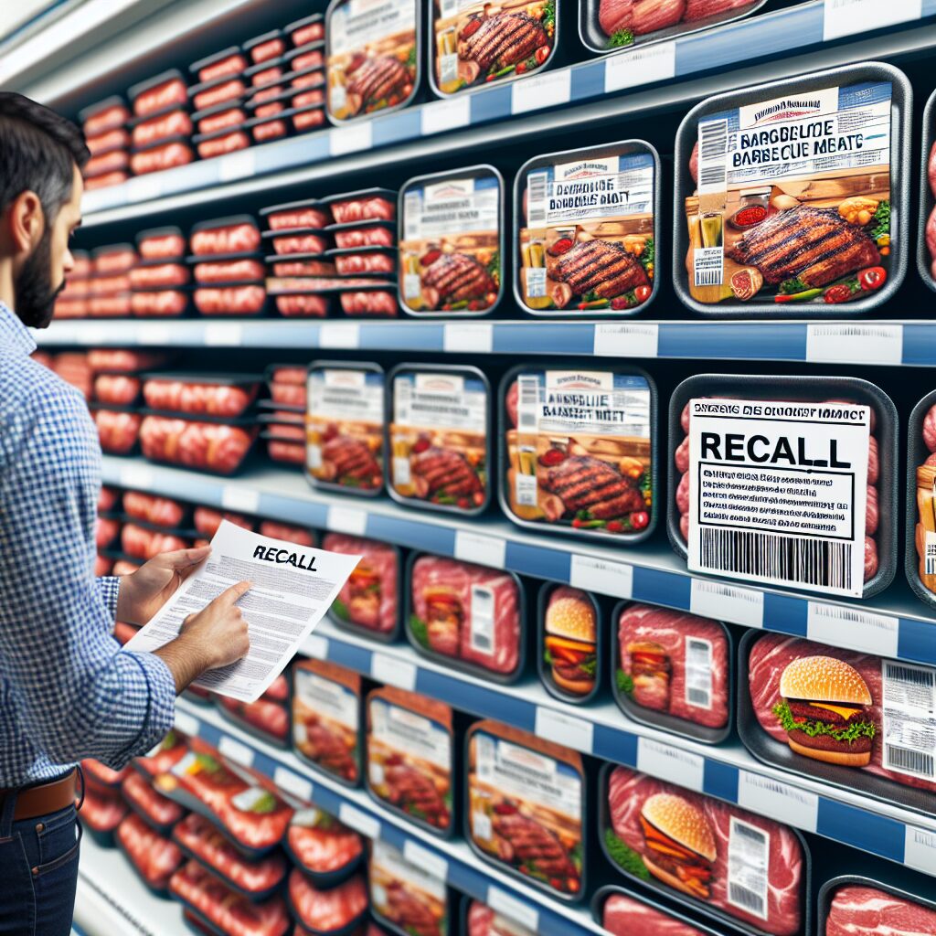 A photography of a supermarket shelf displaying various barbecue meats with visible recall notices, emphasizing the product brands and barcodes, in a realistic setting.