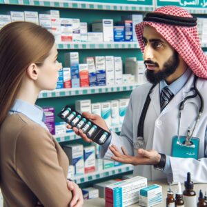 A photography of a pharmacist discussing alternative adrenaline auto-injectors with a worried patient against a backdrop of a pharmacy shelf missing Anapen products.