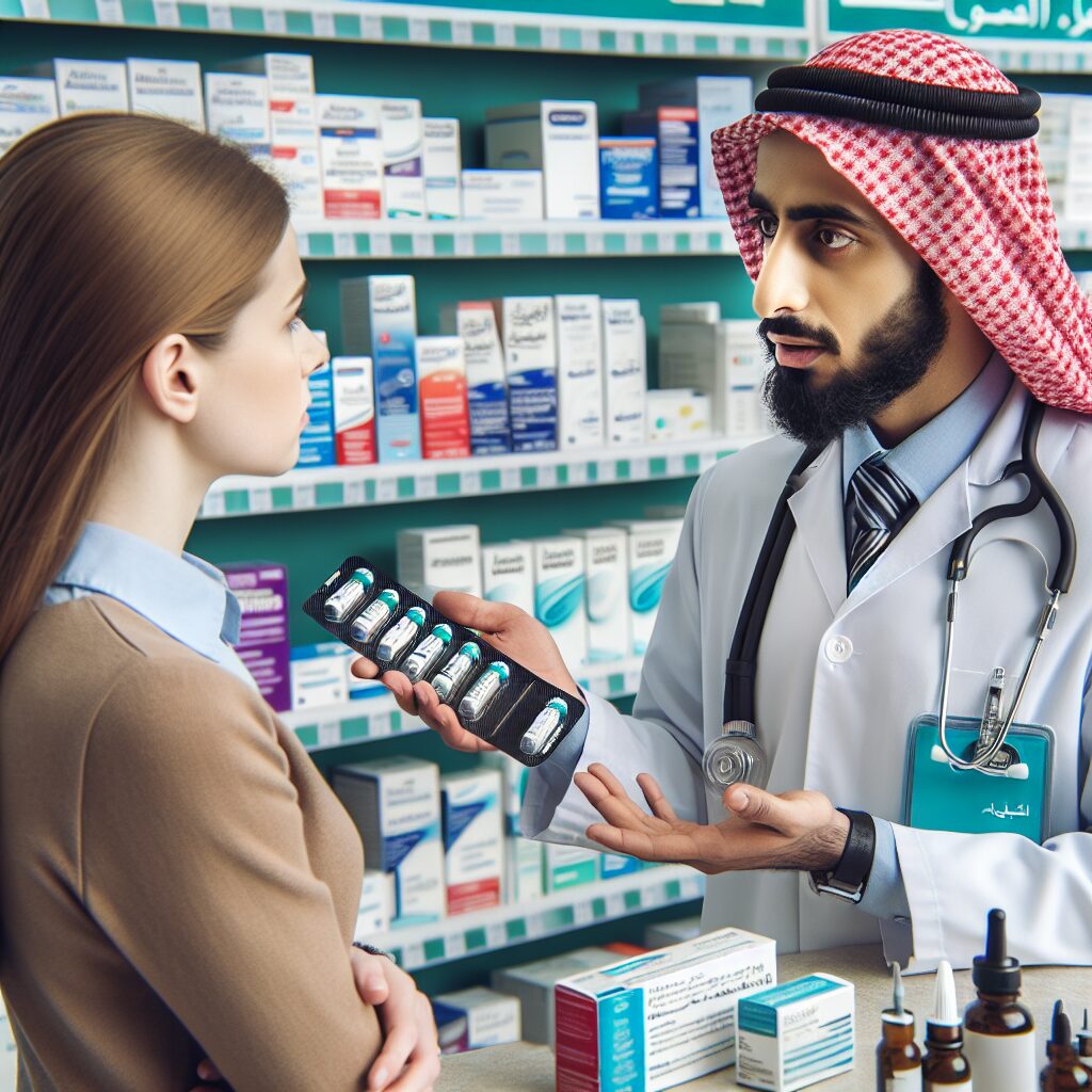 A photography of a pharmacist discussing alternative adrenaline auto-injectors with a worried patient against a backdrop of a pharmacy shelf missing Anapen products.