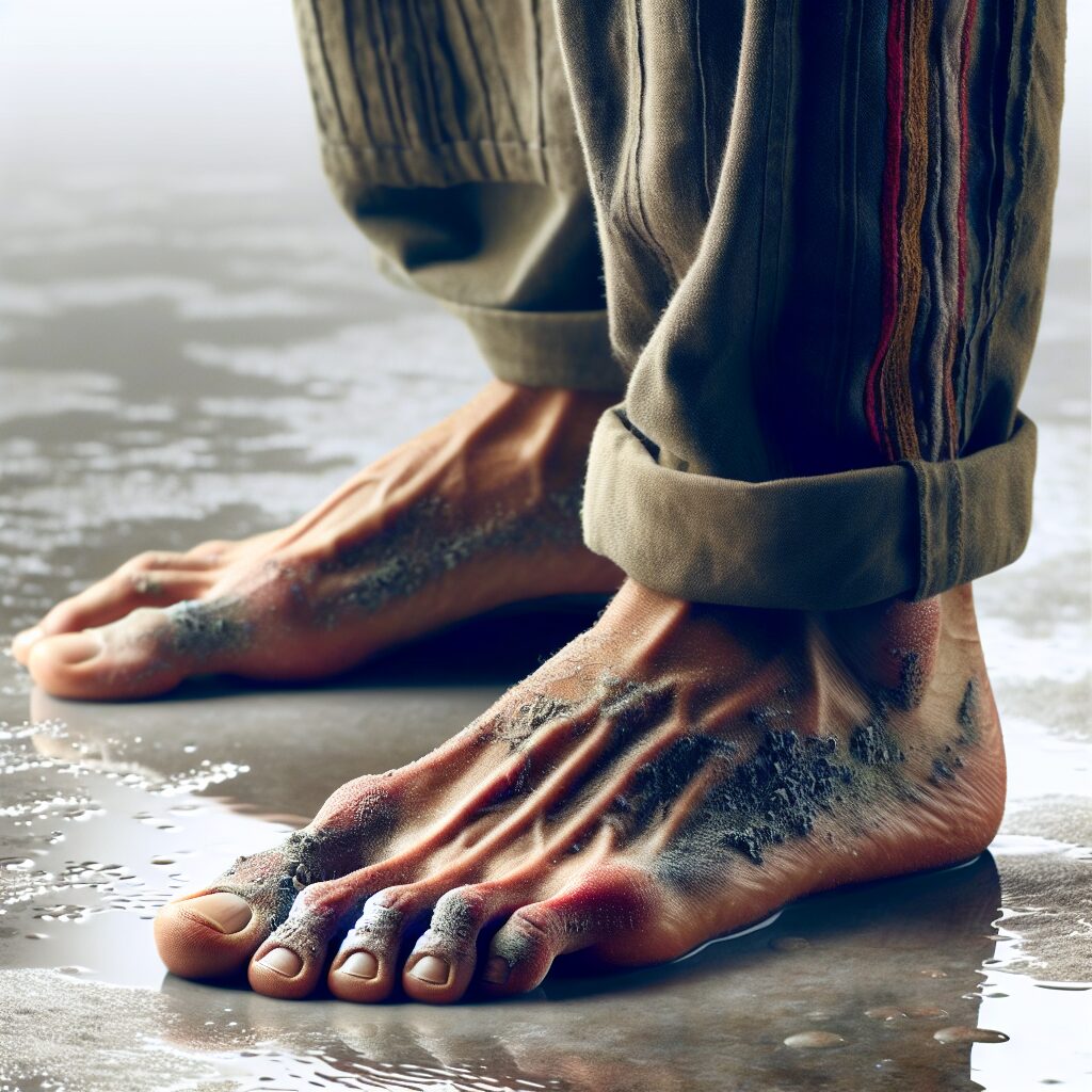 A photography of a barefoot athlete with visible signs of athlete's foot, standing on a humid surface such as a locker room floor, highlighting the redness and peeling skin between the toes.