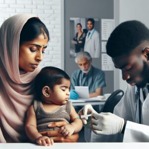 "A photography of a concerned mother holding her baby while a healthcare worker administers a vaccine in a clinic setting, reflecting the importance of vaccination against whooping cough."