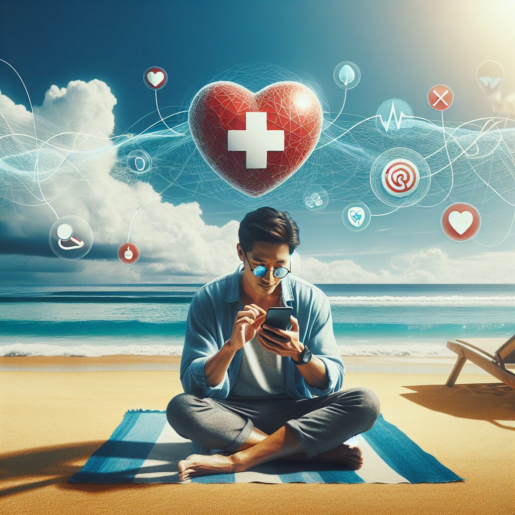 A photography of a person searching for a healthcare provider on a smartphone while on vacation at a beach, with medical icons like a cross, a heart, and a stethoscope subtly incorporated in the background.